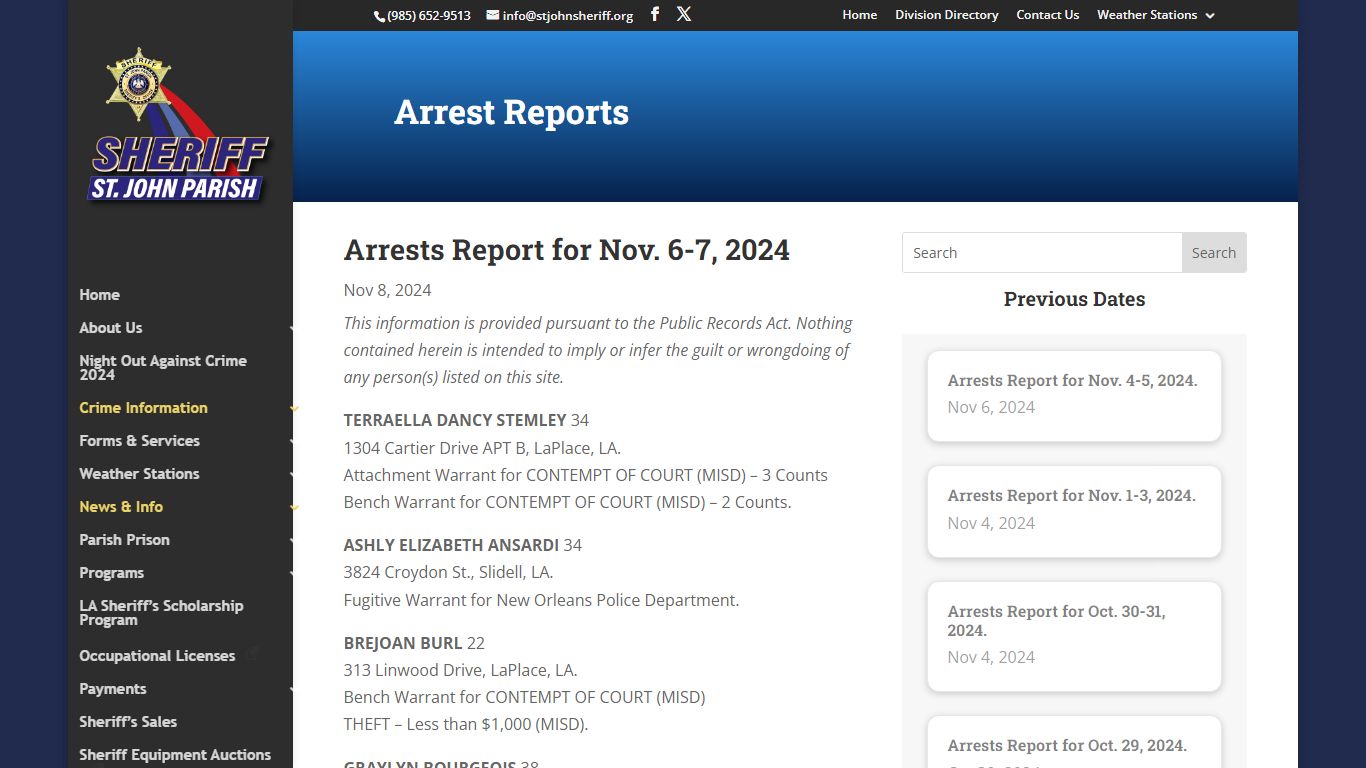 Arrest Reports | St. John Parish Sheriff's Office - St. John Sheriff