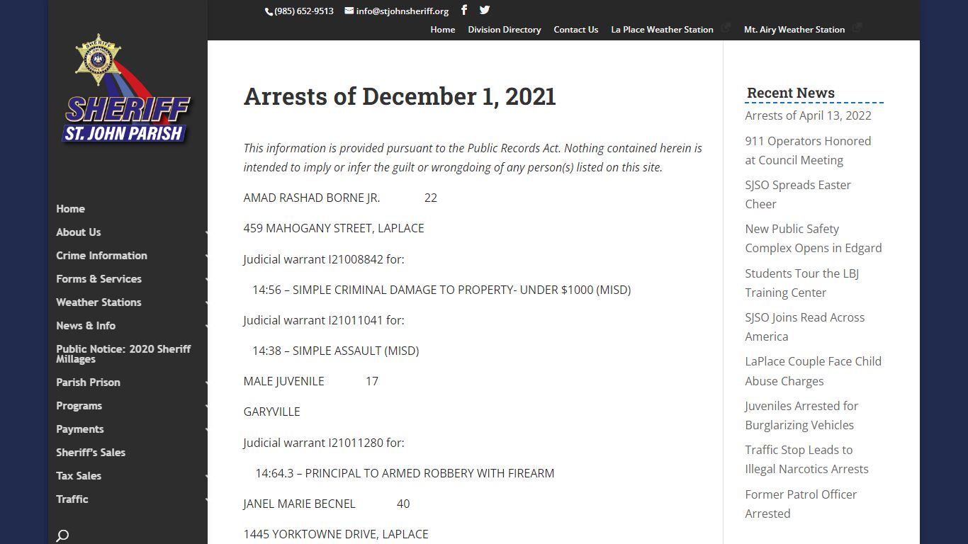 Arrests of December 1, 2021 | St. John Parish Sheriff's Office